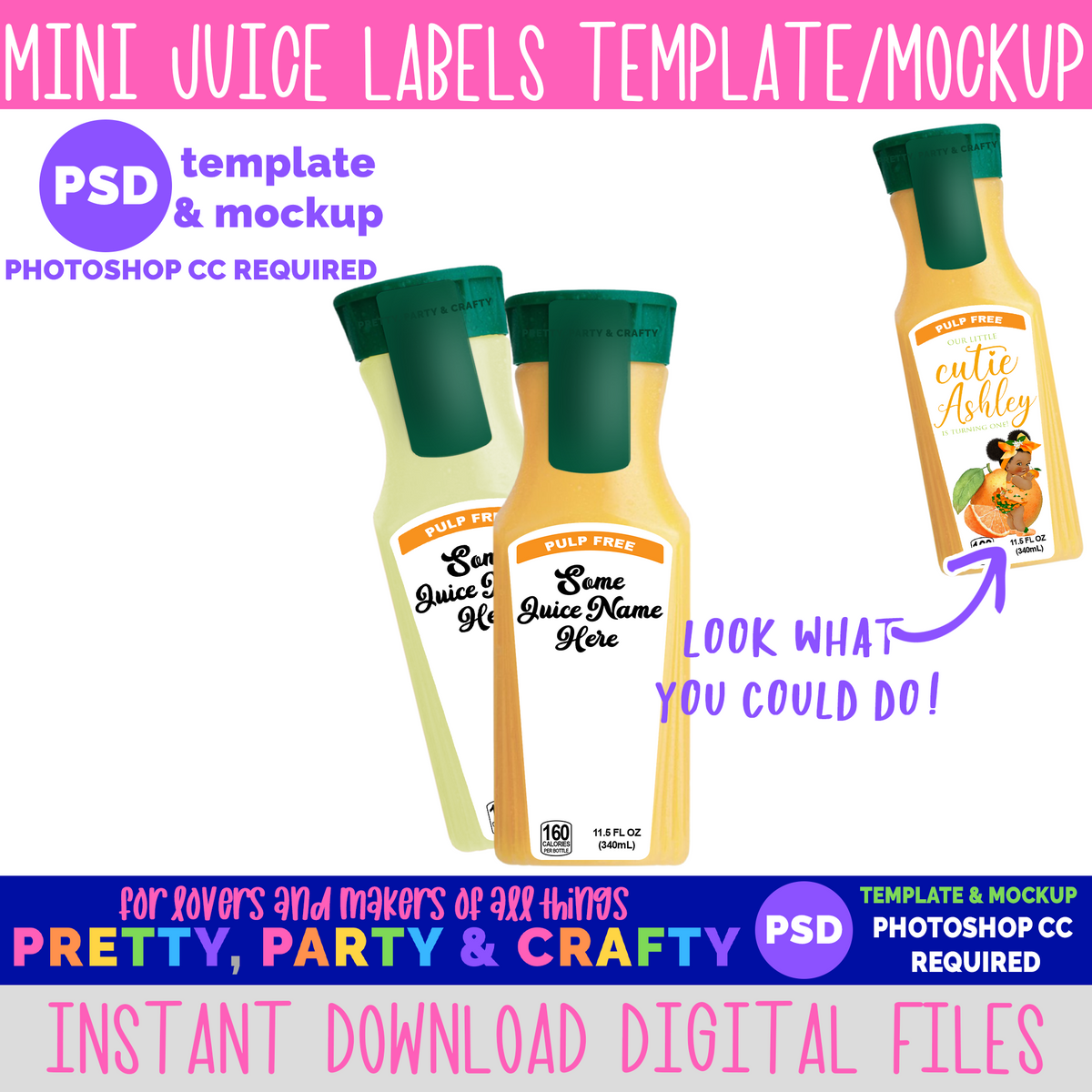 Orange Juice Lemonade Bottle Label Template and Mockup -PHOTOSHOP