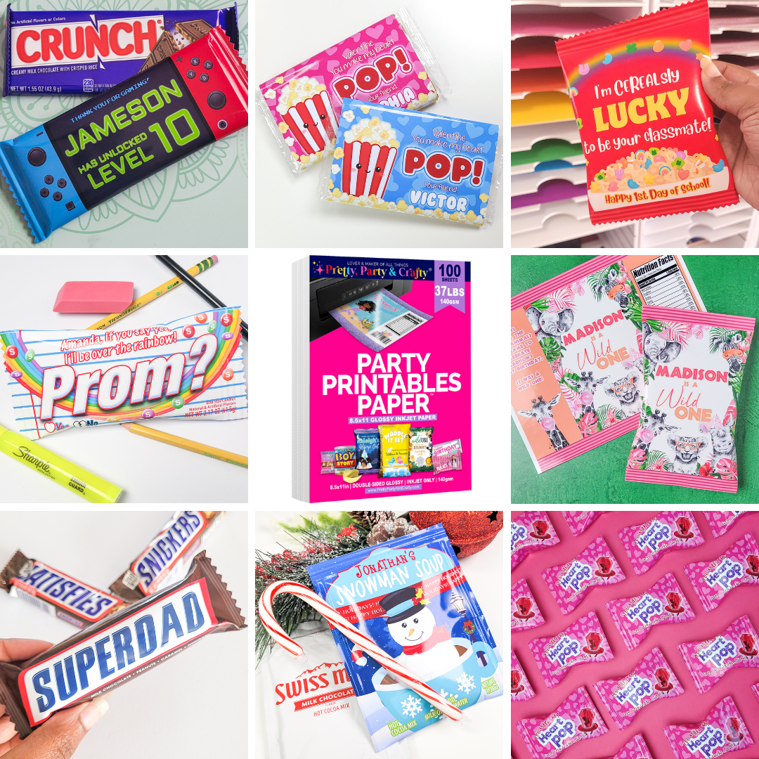 Examples of Party Printables Paper in use, chocolate bar, popcorn wrapper, cereal bag, rainbow candy, ring pop, cocoa, chip bag. Party Printables Paper, glossy inkjet paper used for DIY chip bags, party favors, candy wrappers and more