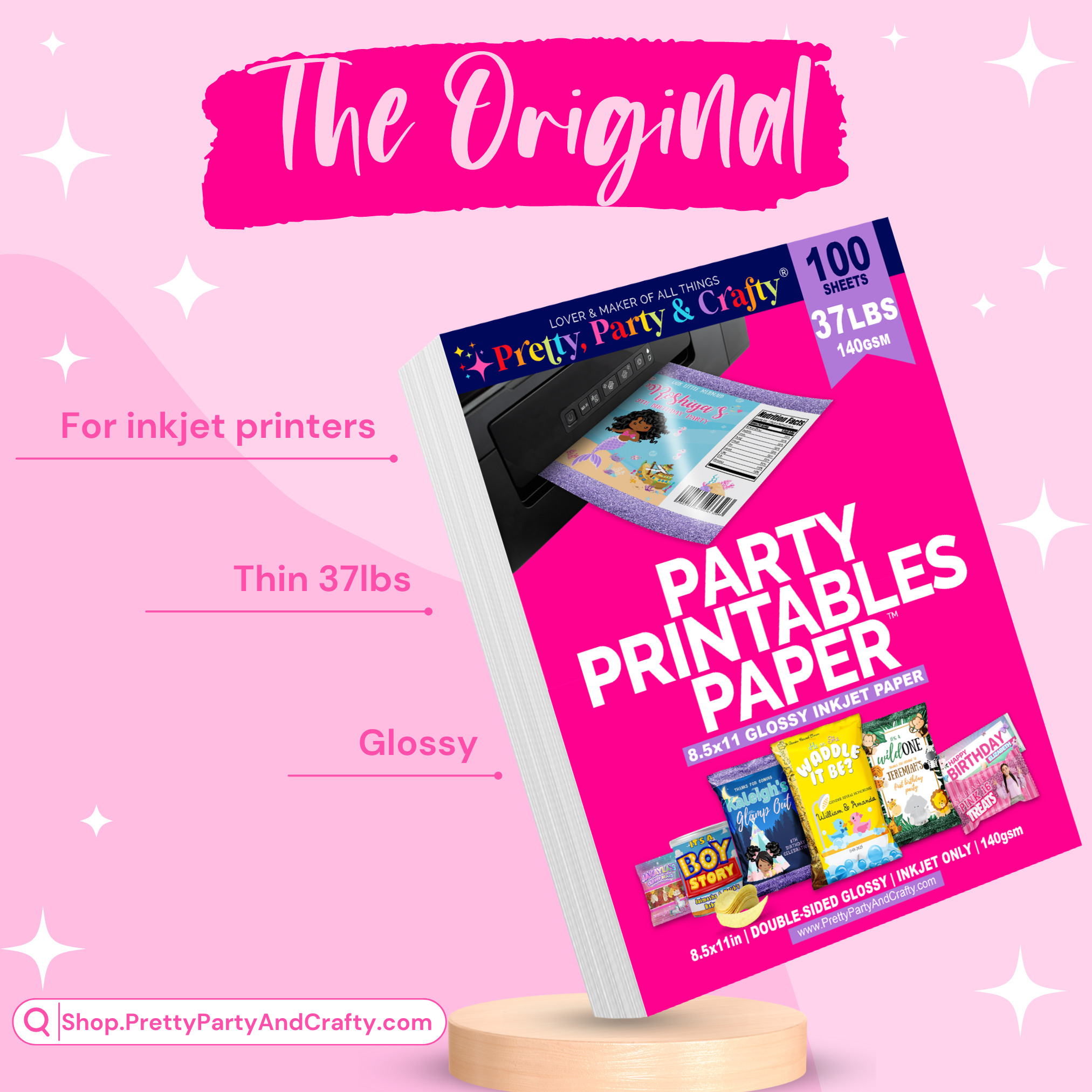 Party Printables Paper, glossy inkjet paper used for DIY chip bags, party favors, candy wrappers and more