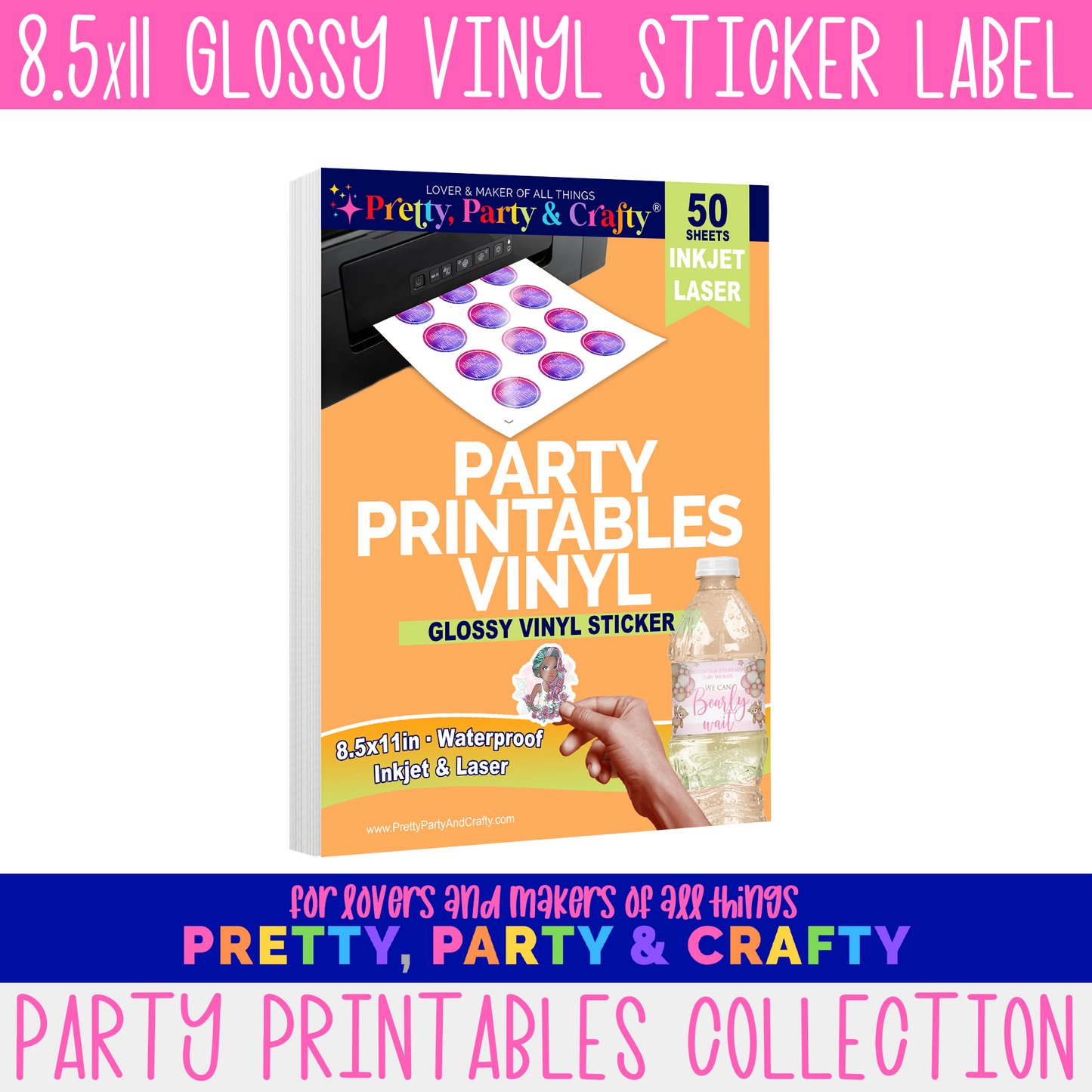 8.5x11 GLOSSY PARTY PRINTABLE VINYL STICKER PAPER  – INKJET & LASER