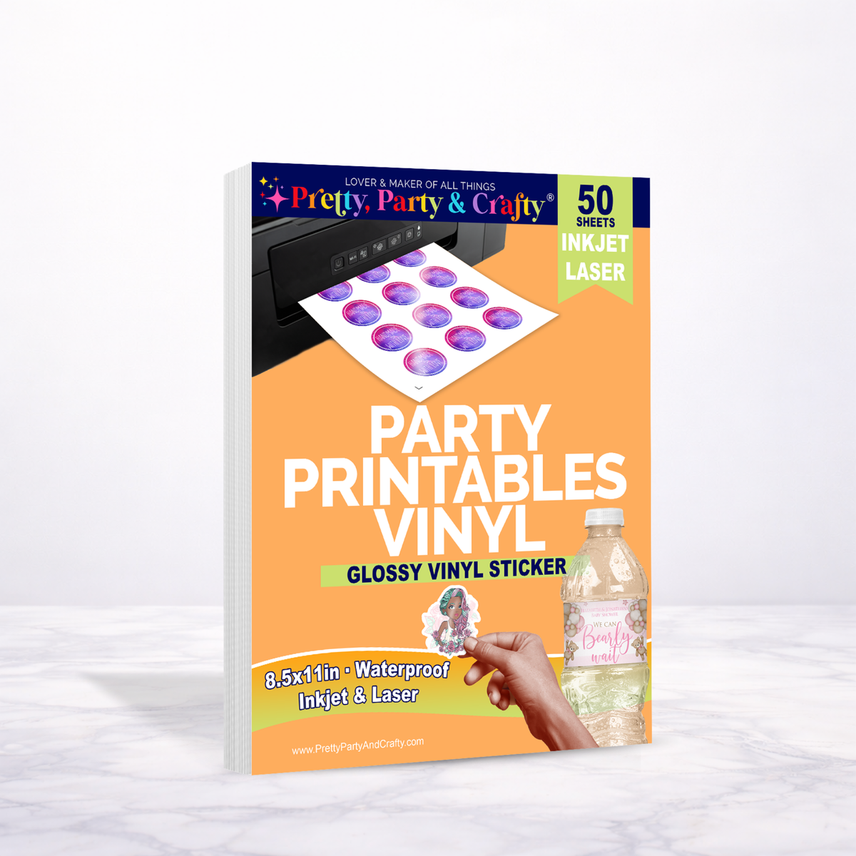 8.5x11 GLOSSY PARTY PRINTABLE VINYL STICKER PAPER  – INKJET & LASER