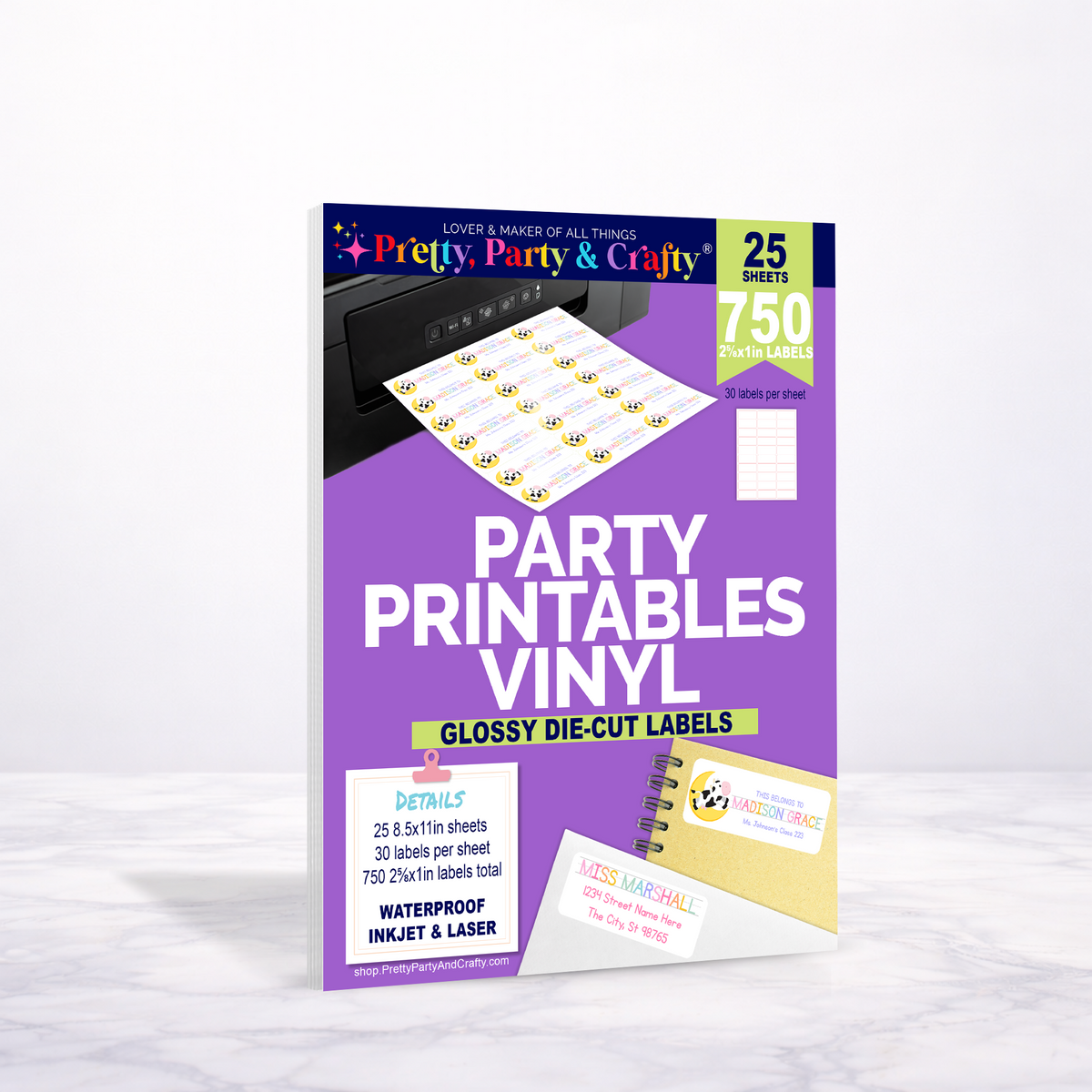 2 5/8x1 GLOSSY PARTY PRINTABLES VINYL DIE-CUT LABELS (EPSON PRINTERS ONLY)