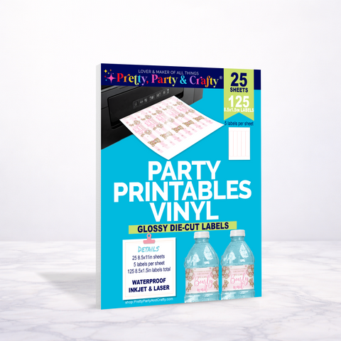 8.5x1.5 GLOSSY PARTY PRINTABLES VINYL DIE-CUT WATER BOTTLE LABELS