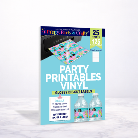 8.5x2 GLOSSY PARTY PRINTABLES VINYL DIE-CUT WATER BOTTLE LABELS