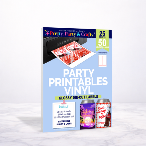 8.25x3.875 GLOSSY PARTY PRINTABLES VINYL DIE-CUT 12oz CAN LABELS