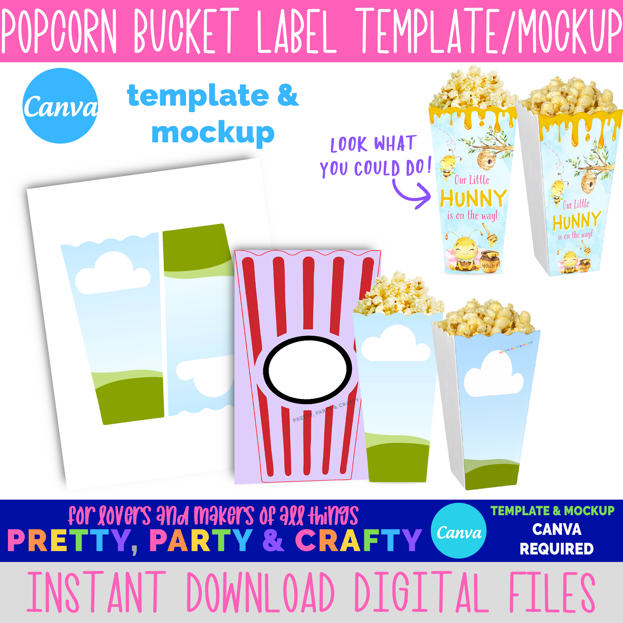 Popcorn Bucket Label Printable Template and Mockup CANVA Pretty