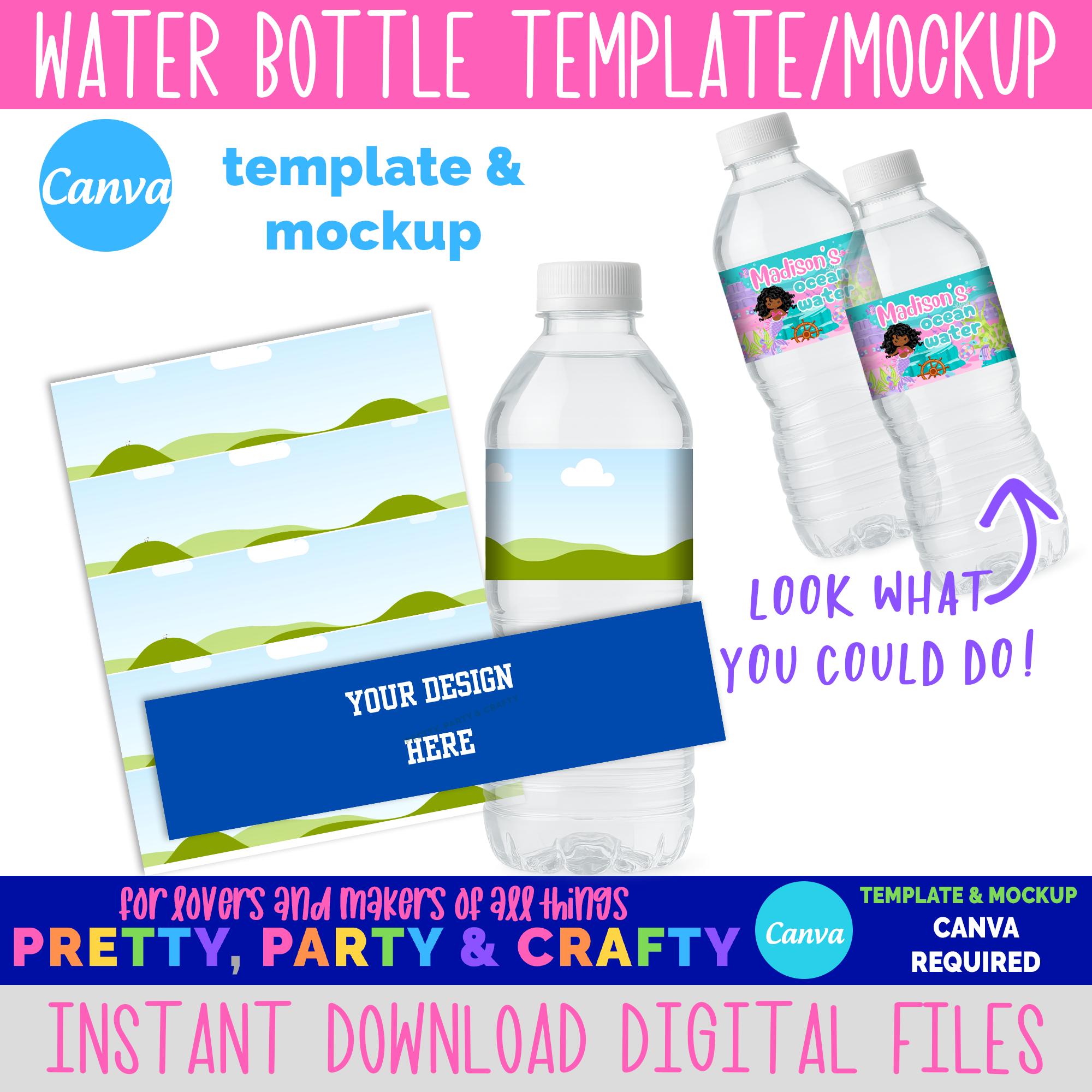 Water Bottle Label Template and Mockup CANVA Pretty Party and Crafty