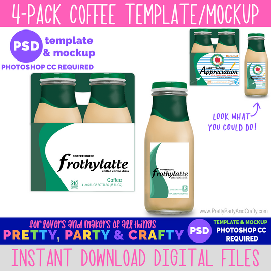 Coffee Bottle and 4-pack Box Label Template and Mockup -PHOTOSHOP