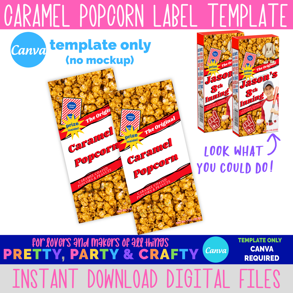 Caramel Popcorn Box Label Template CANVA Pretty Party and Crafty